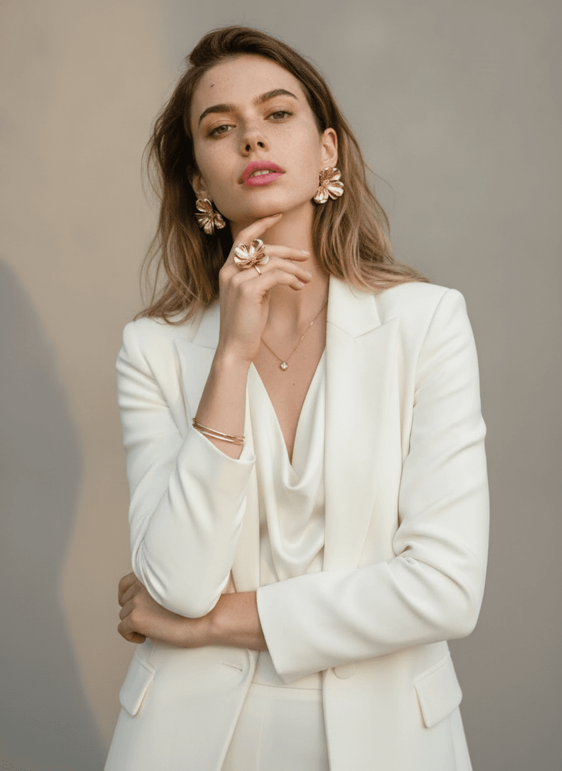 Elegancki portret młodej kobiety w białym garniturze i złotej biżuterii w miękkim świetle na jasnym tle.